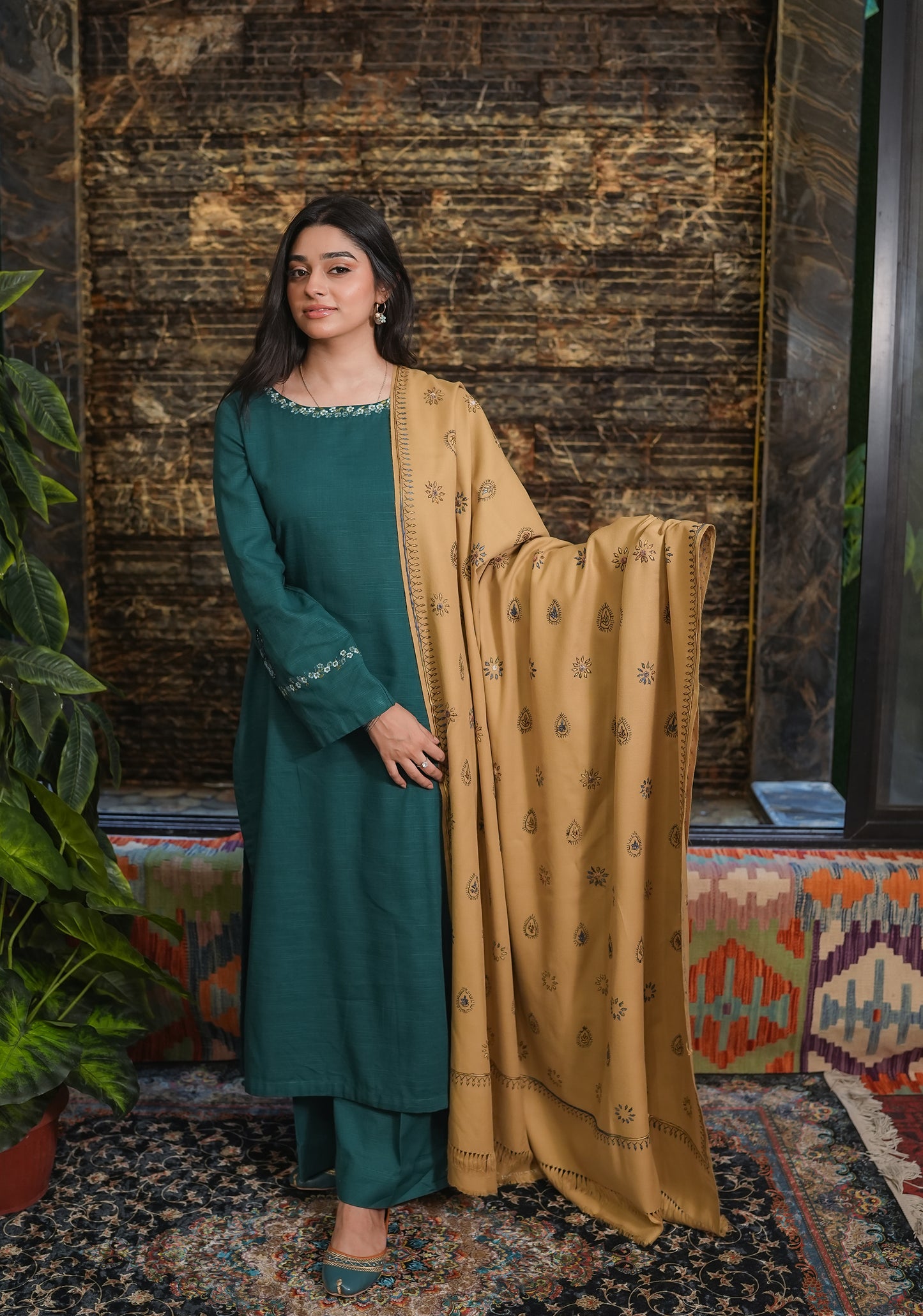 Warm Beige Embroidered Shawl