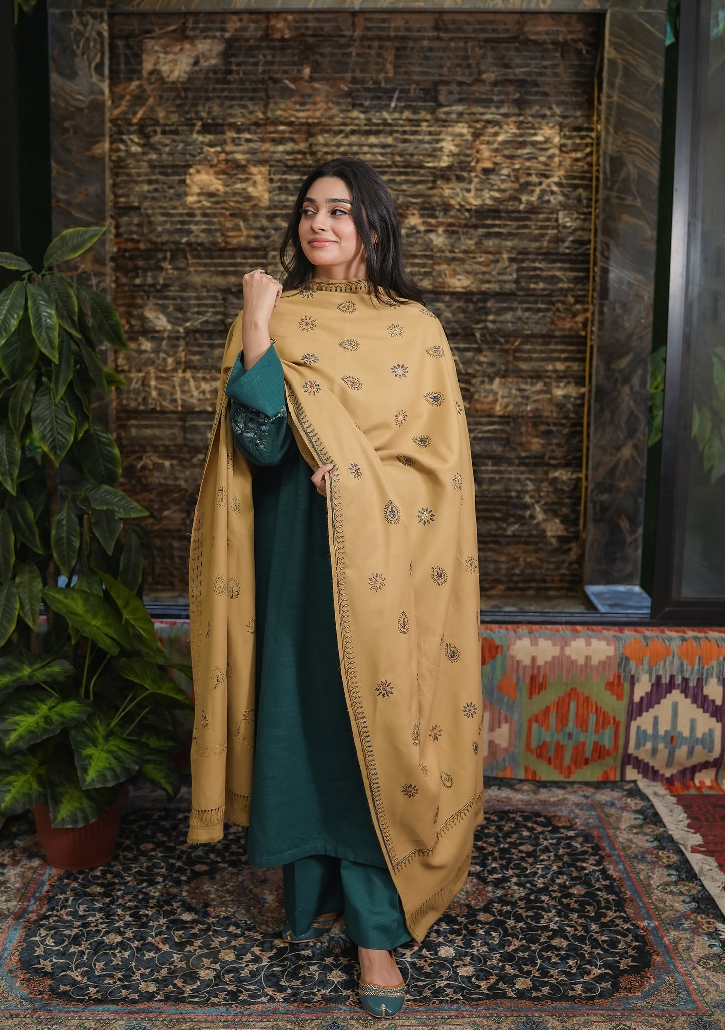 Warm Beige Embroidered Shawl